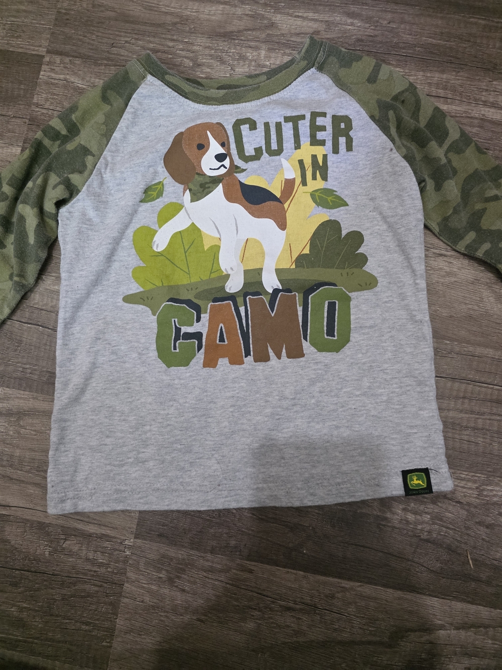 John Deere Gray Shirt with Green Camo Raglan Sleeves